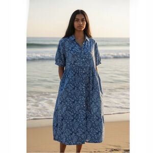 Dolma Midi Dress Size Large Blue Floral Cotton Flowy Peasant Boho Bohemian